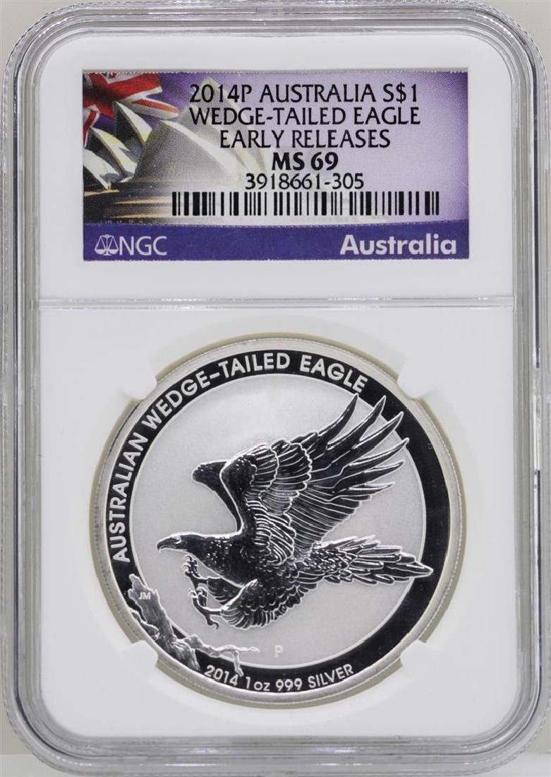 2014P $1 Australia Wedge-Tailed Eagle Silver Coin NGC: One 2014P $1 Australia Wedge-Tailed Eagle Silver Coin NGC MS69 Early Releases. NGC Certified.
