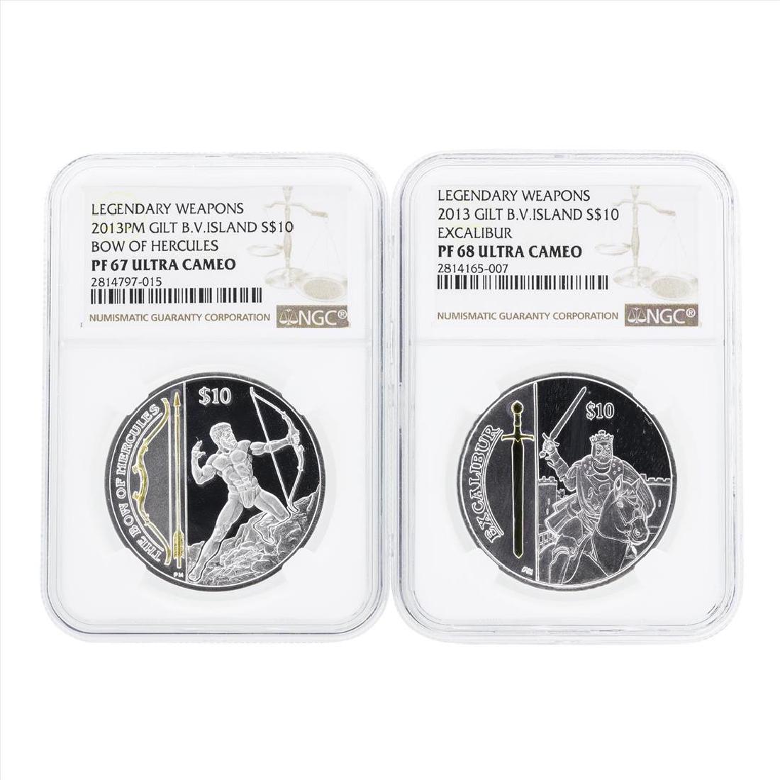 Set of (2) 2013 Gilt British Virgin Island $10: One Set of (2) 2013 Gilt British Virgin Island $10 Legendary Weapons Silver Coins NGC PF67/68.
