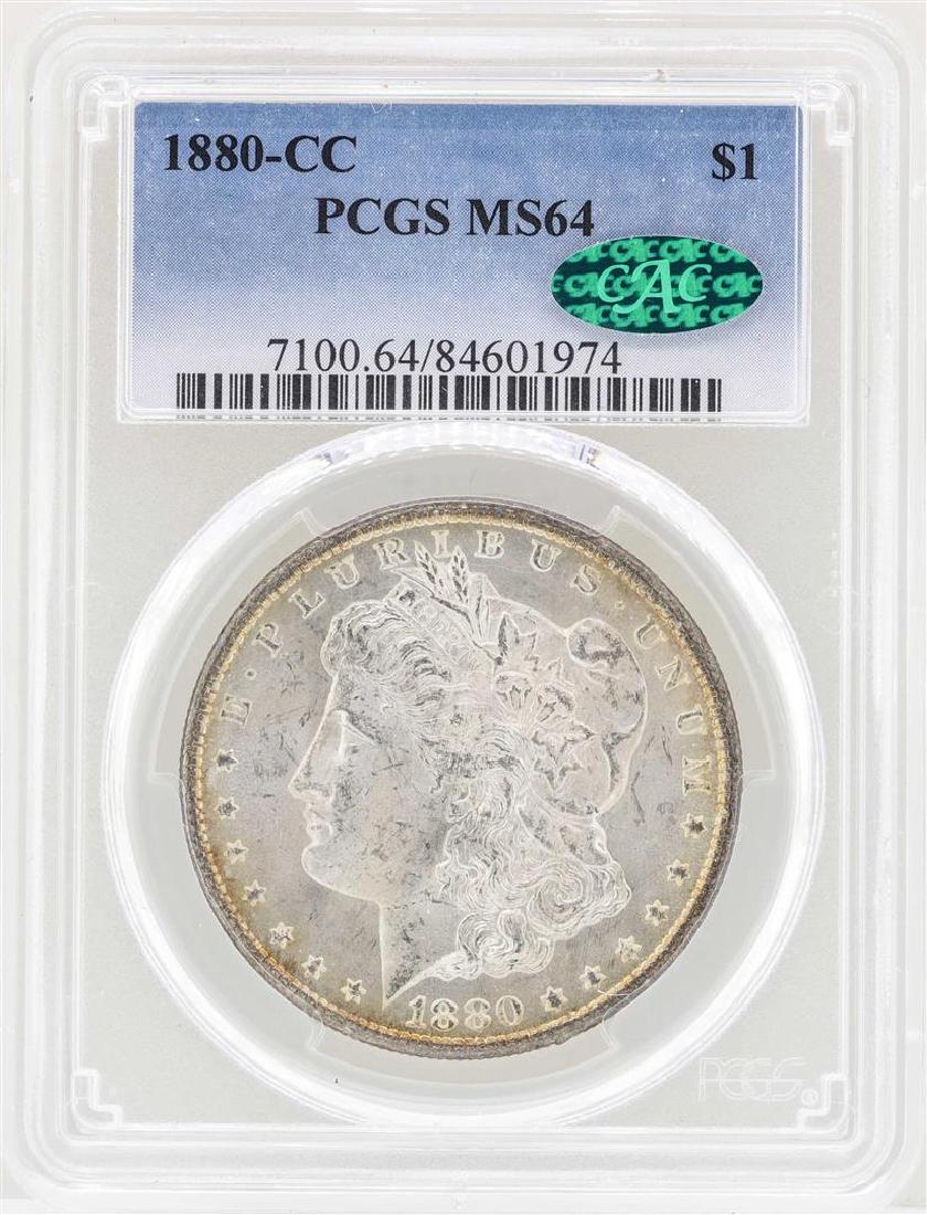 1880-CC $1 Morgan Silver Dollar Coin PCGS MS64 CAC: One 1880-CC $1 Morgan Silver Dollar Coin PCGS MS64 CAC. PCGS Graded.