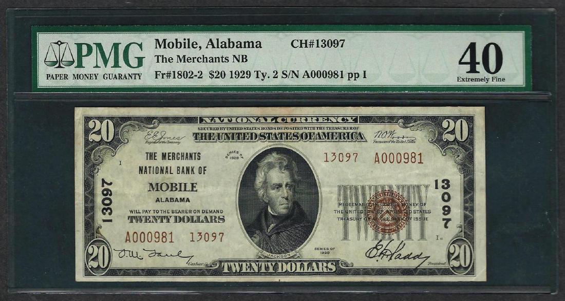 1929 $20 National Currency Note Mobile, Alabama CH#: One 1929 $20 National Currency Note Mobile, Alabama CH# 13097 PMG Extremely Fine 40. PMG Certified.