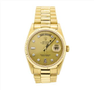 Rolex President 18KT Yellow Gold DayDate Mens: One gents, hand crafted & machine milled Rolex DayDate the President wristwatch electro-chemically tested 18KT yellow gold, Swiss Hallmarked Case: 36mm oyster, Rolex signature Crown: twinlock with hig