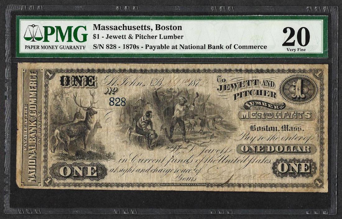 1870's $1 Jewett & Pitcher Lumber Boston Obsolete Bank: One 1870's $1 Jewett & Pitcher Lumber Boston Obsolete Bank Note PMG Very Fine 20. PMG Certified.