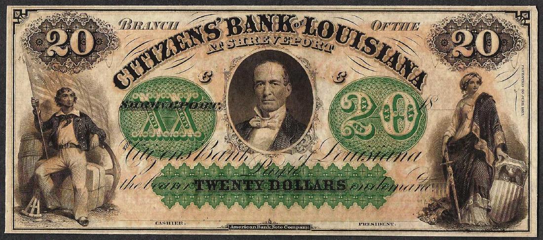 1800's $20 Citizens Bank of Louisiana Obsolete Note: One 1800's $20 Citizens Bank of Louisiana Obsolete Note.