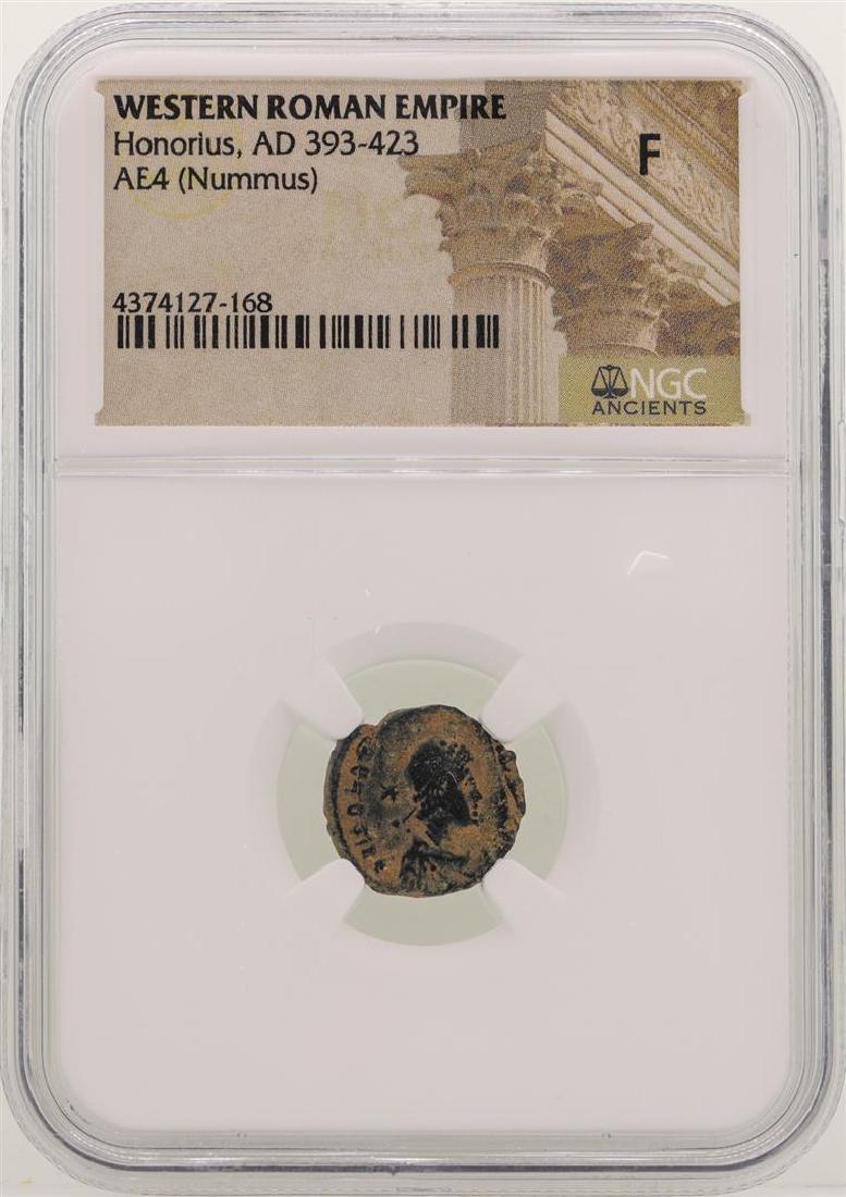 Honorius 393-423 AD Ancient Western Roman Empire Coin: One Honorius 393-423 AD Ancient Western Roman Empire Coin NGC F. NGC Certified.