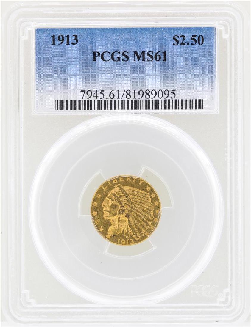 1913 $2 1/2 Indian Head Quarter Eagle Gold Coin NGC: One 1913 $2 1/2 Indian Head Quarter Eagle Gold Coin NGC MS61. NGC Certified.