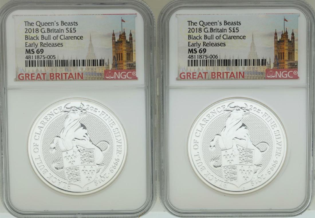 Lot of (2) 2018 Great Britain 5 Pound Queen's Beasts: One Lot of (2) 2018 Great Britain 5 Pound Queen's Beasts Silver Coins NGC MS69 Early Releases. NGC Certified.