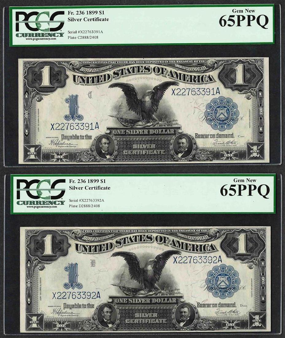 (2) Consecutive 1899 $1 Black Eagle Silver Certificate: One (2) Consecutive 1899 $1 Black Eagle Silver Certificate Notes PCGS Gem New 65PPQ. PCGS Graded.