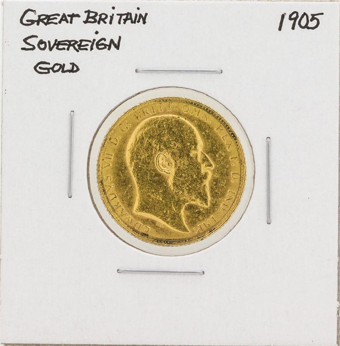 1905 Great Britain Sovereign Gold Coin: One 1905 Great Britain Sovereign Gold Coin.