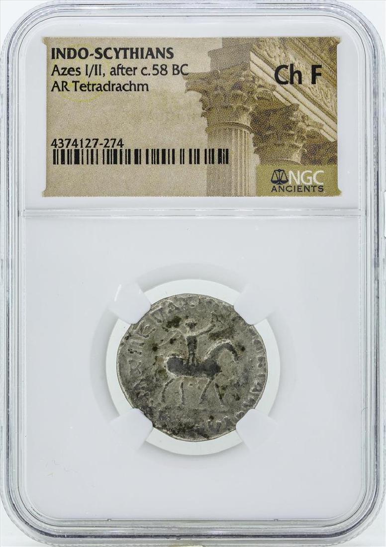 58 BC Indo Scythians Azes I/II AR Tetradrachm Coin NGC: One 58 BC Indo Scythians Azes I/II AR Tetradrachm Coin NGC Ch F. NGC Certified.