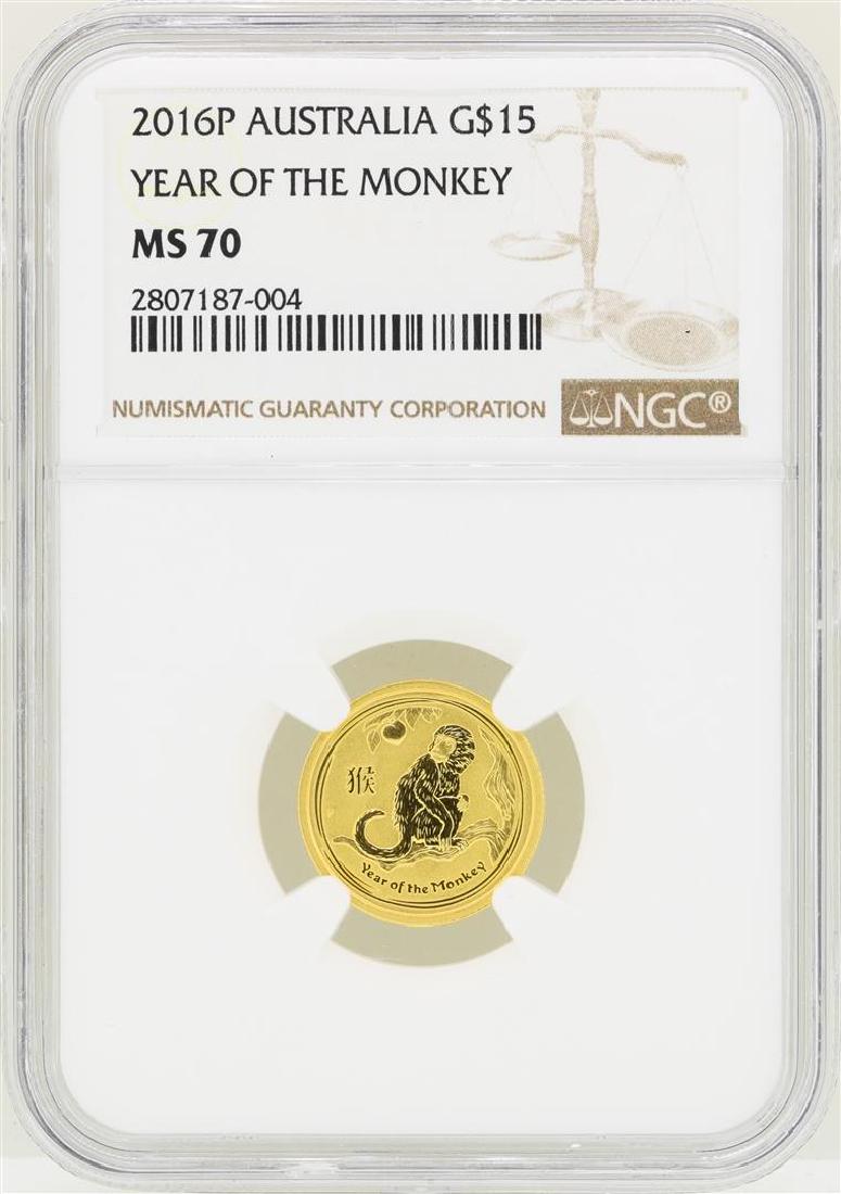 2016P Austalia $15 Year of the Monkey Gold Coin NGC: One 2016P Austalia $15 Year of the Monkey Gold Coin NGC MS70. NGC Certified.
