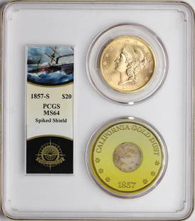 S.S. Central America Shipwreck 1857-S $20 Double Eagle: One S.S. Central America 1857-S $20 Liberty Head Double Eagle Gold Coin PCGS MS64 Spiked Shield. On September 3, 1857 the S.S. Central America left Panama for New York carrying up to 20 tons of gold,