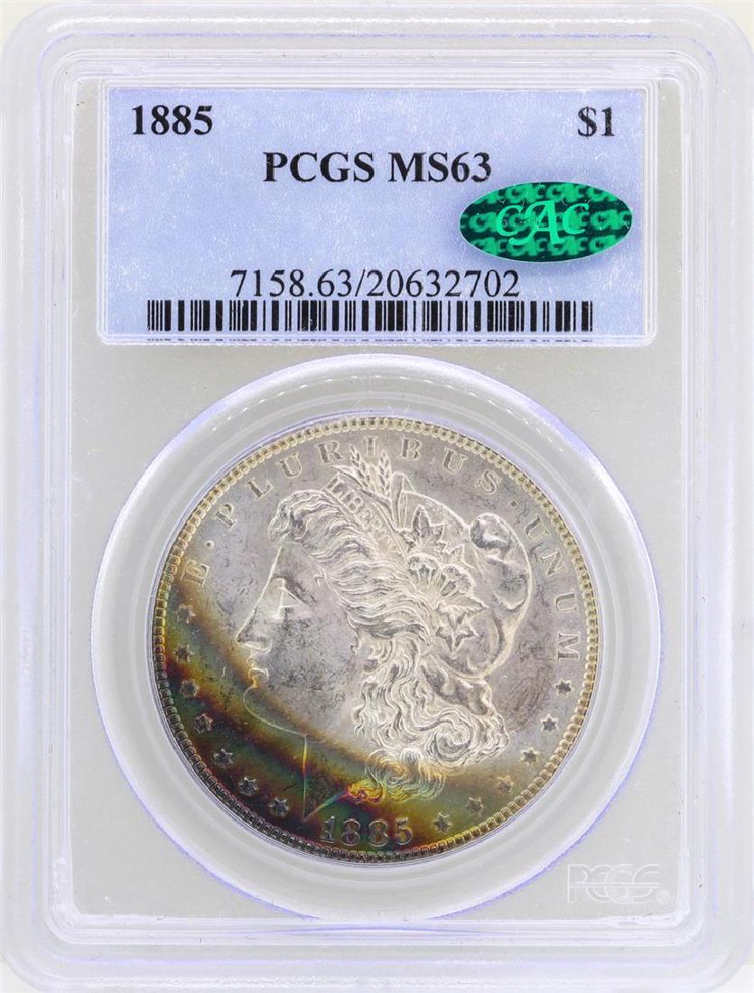 1885 $1 Morgan Silver Dollar Coin PCGS MS63 CAC AMAZING: One 1885 $1 Morgan Silver Dollar Coin PCGS MS63 CAC AMAZING TONING. PCGS Graded.