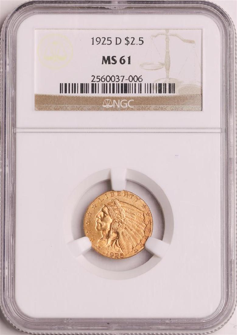 1925-D $2 1/2 Indian Head Quarter Eagle Gold Coin NGC: One 1925-D $2 1/2 Indian Head Quarter Eagle Gold Coin NGC MS61. NGC Certified.