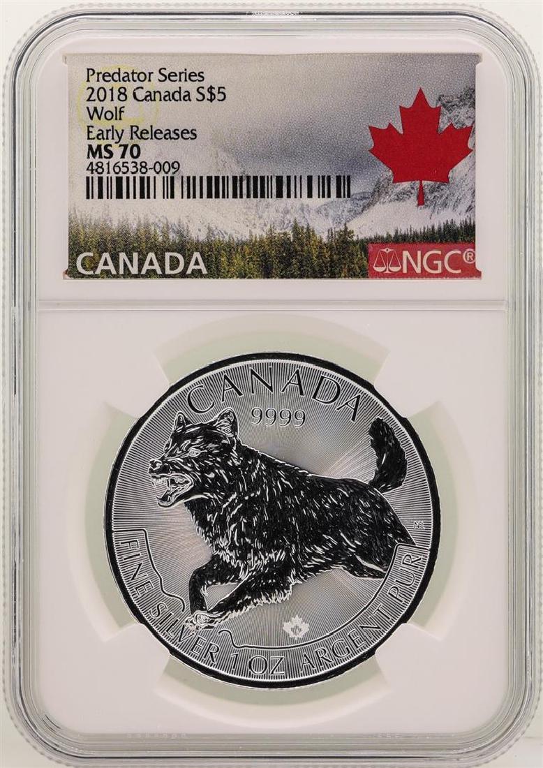 2018 Canada $5 Predator Series Wolf Silver Coin NGC: One 2018 Canada $5 Predator Series Wolf Silver Coin NGC MS70 Early Releases. NGC Certified.