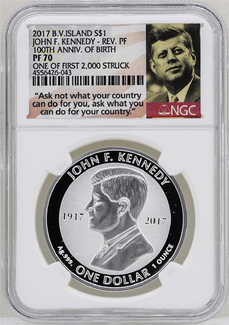 2017 British Virgin Islands $1 John F. Kennedy Reverse: One 2017 British Virgin Islands $1 John F. Kennedy Reverse Proof Coin NGC PF70. NGC Certified.
