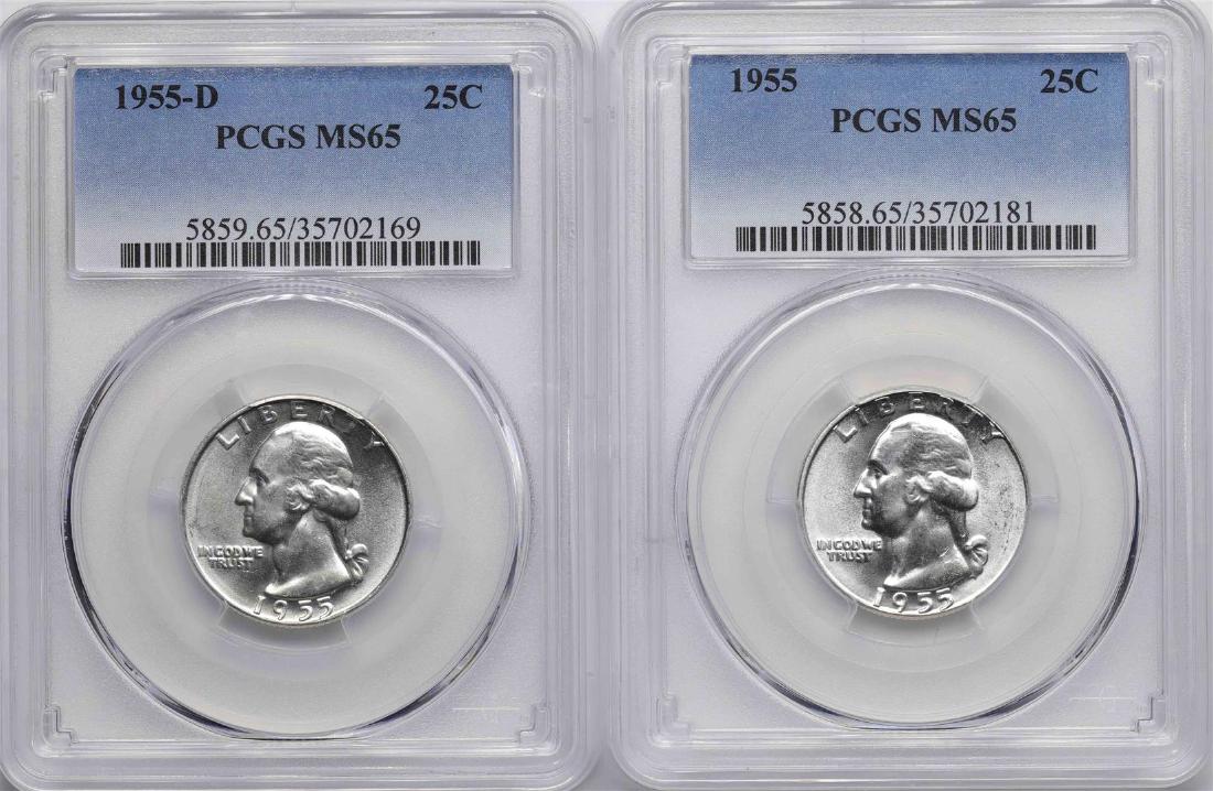 Lot of 1955 & 1955-D Washington Quarter Coins PCGS MS65: One Lot of 1955 & 1955-D Washington Quarter Coins PCGS MS65. PCGS Graded.