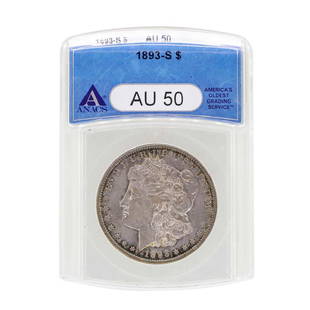 1893-S $1 Morgan Silver Dollar Coin ANACS AU50: One 1893-S $1 Morgan Silver Dollar Coin ANACS AU50. ANACS Certified.