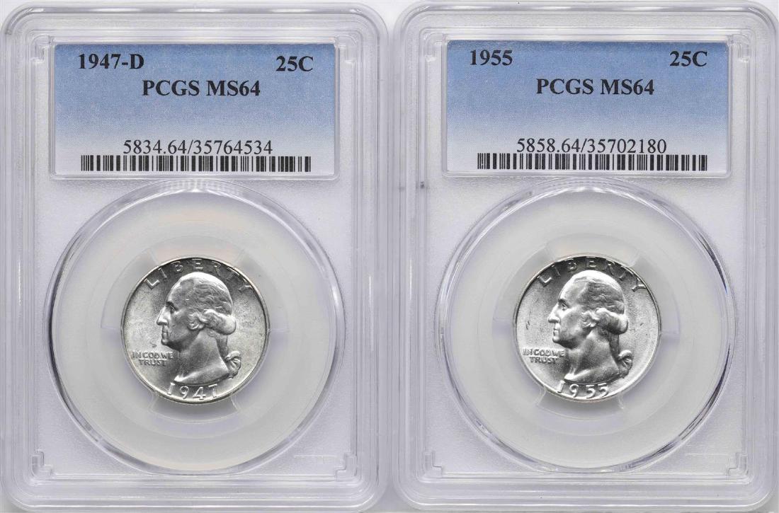 Lot of 1947-D & 1955 Washington Silver Quarter Coins: One Lot of 1947-D & 1955 Washington Silver Quarter Coins PCGS MS64. PCGS Graded.