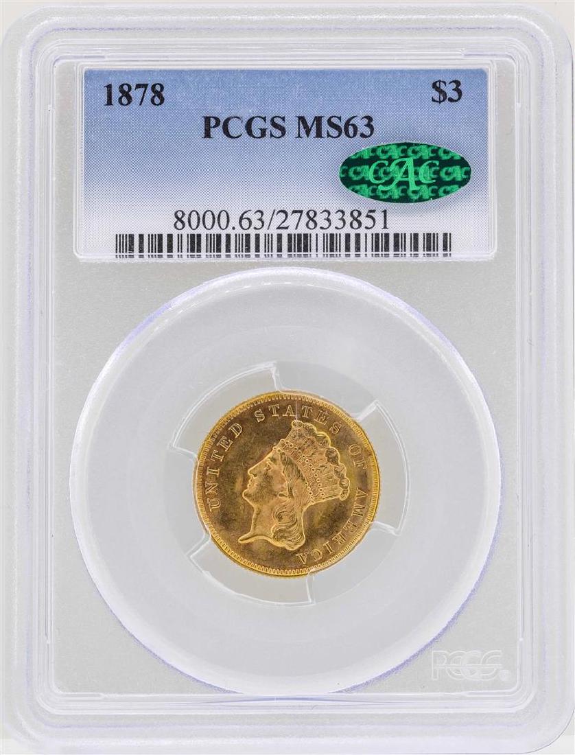 1878 $3 Indian Princess Head Gold Coin PCGS MS63 CAC: One 1878 $3 Indian Princess Head Gold Coin PCGS MS63 CAC. PCGS Graded.