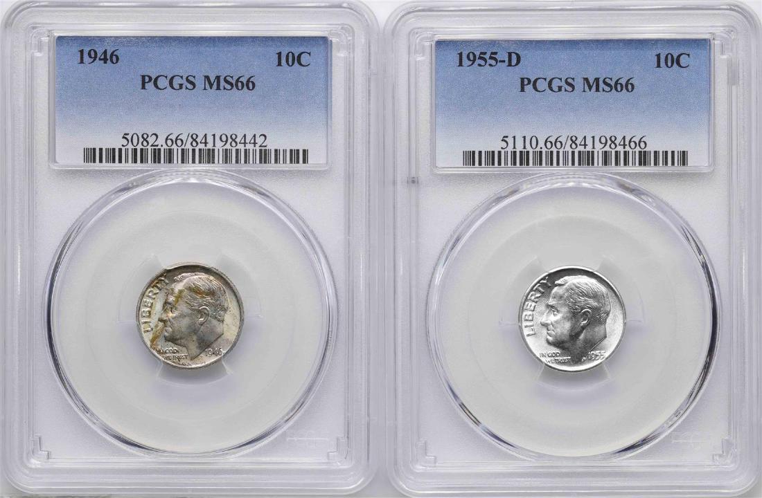 Lot of 1955-D & 1946 Roosevelt Dime Coins PCGS MS66: One Lot of 1955-D & 1946 Roosevelt Dime Coins PCGS MS66. PCGS Graded.