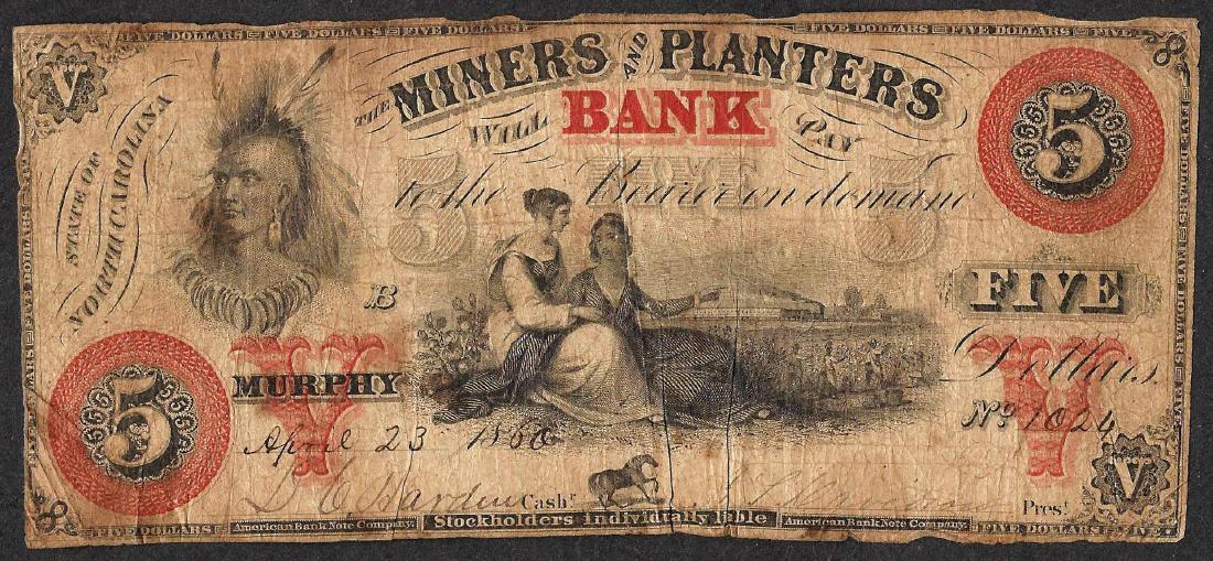 1860 $5 Miners and Planters Bank North Carolina: One 1860 $5 Miners and Planters Bank North Carolina Obsolete Note.