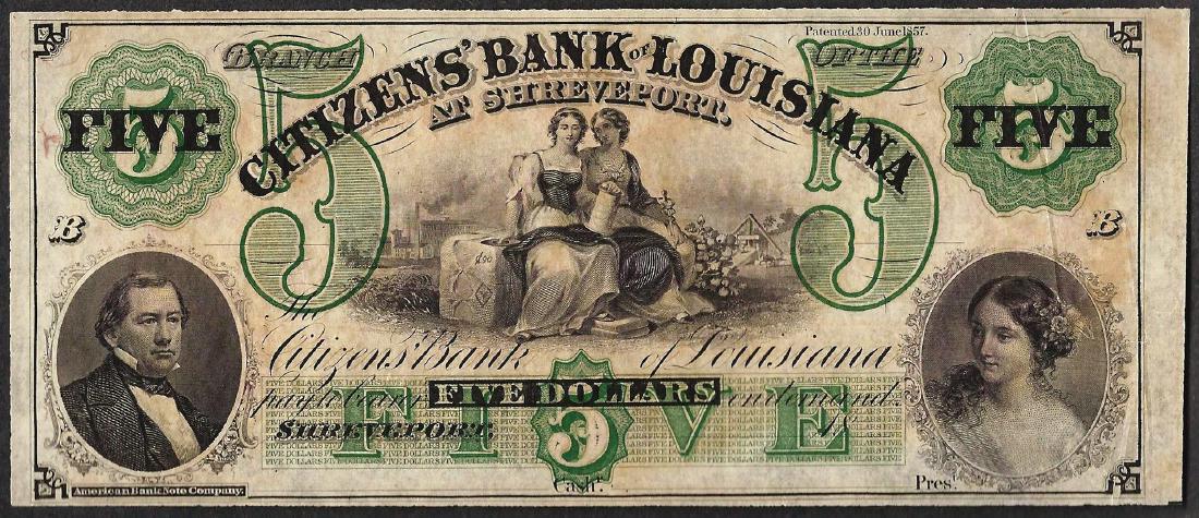 1800's $5 Citizens Bank of Louisiana Obsolete Note: One 1800's $5 Citizens Bank of Louisiana Obsolete Note.