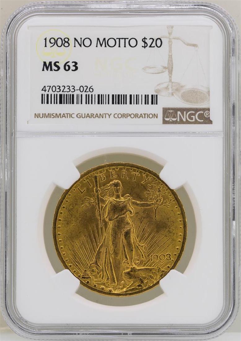 1908 $20 No Motto St. Gaudens Double Eagle Gold Coin: One 1908 $20 No Motto St. Gaudens Double Eagle Gold Coin NGC MS63. NGC Certified.