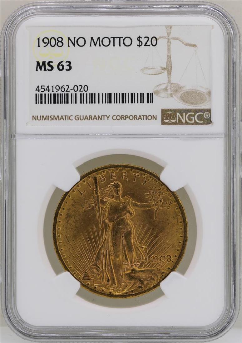 1908 No Motto $20 St. Gaudens Double Eagle Gold Coin: One 1908 No Motto $20 St. Gaudens Double Eagle Gold Coin NGC MS63. NGC Certified.