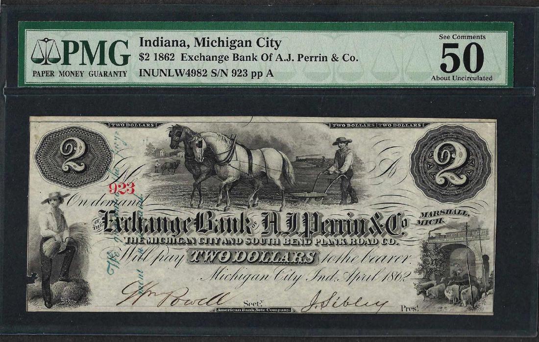 1862 $2 Exchange Bank of A.J. Perrin & Co. Obsolete: One 1862 $2 Exchange Bank of A.J. Perrin & Co. Obsolete Note PMG About Uncirculated 50. PMG Certified.