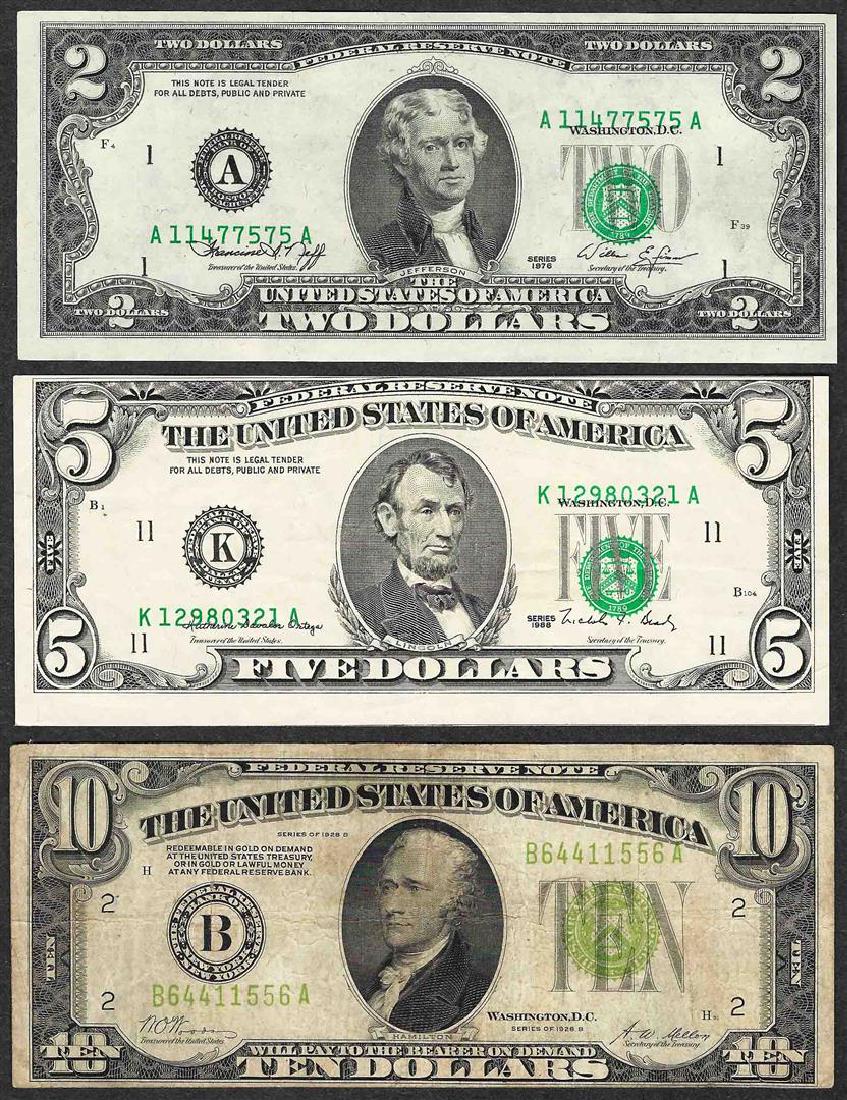 Group of (3) Federal Notes w/ Minor Shift ERRORS: One Group of (3) Federal Notes all containing minor shift ERRORS containing: 1976 $2 Federal Reserve Note, 1988 $5 Federal Reserve Note, and a 1928B $10 Federal Reserve Note with Light Green Seal.