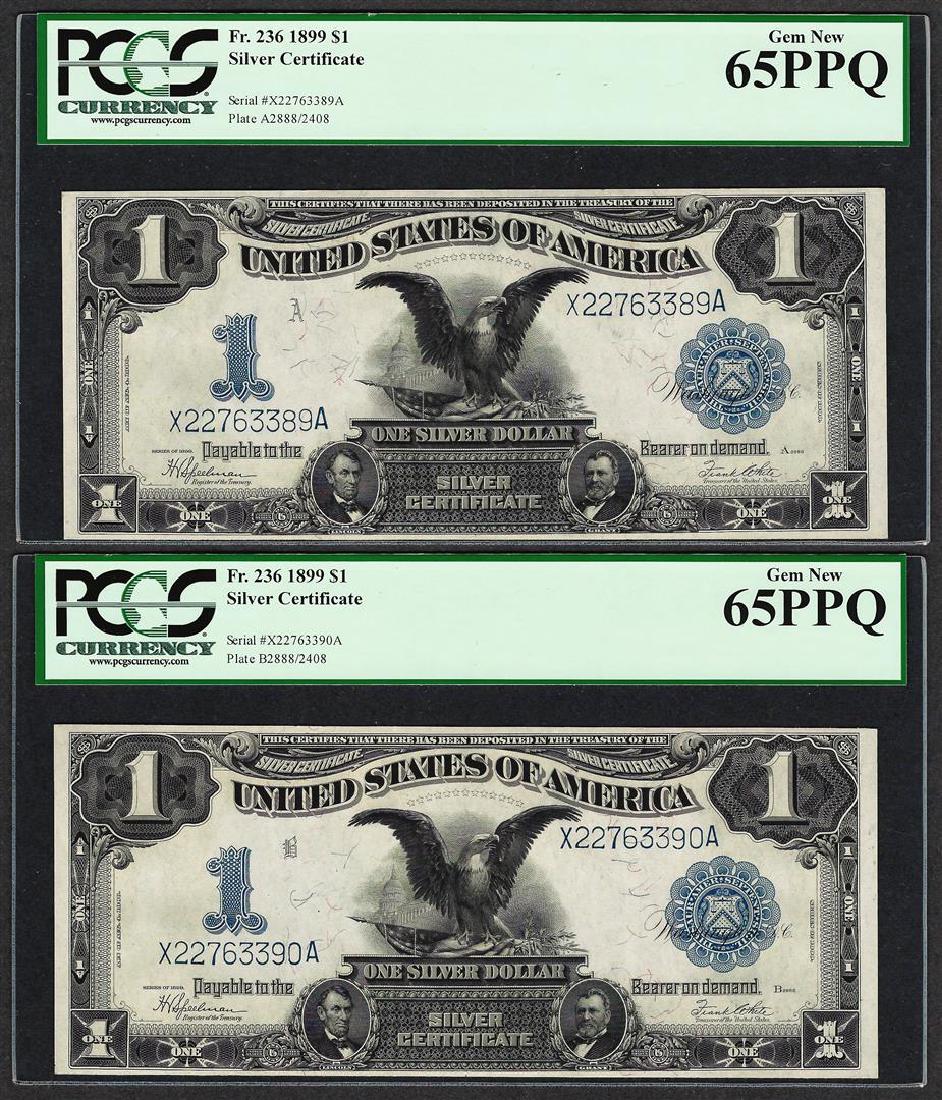 (2) Consecutive 1899 $1 Black Eagle Silver Certificate: One (2) Consecutive 1899 $1 Black Eagle Silver Certificate Notes PCGS Gem New 65PPQ. PCGS Graded.
