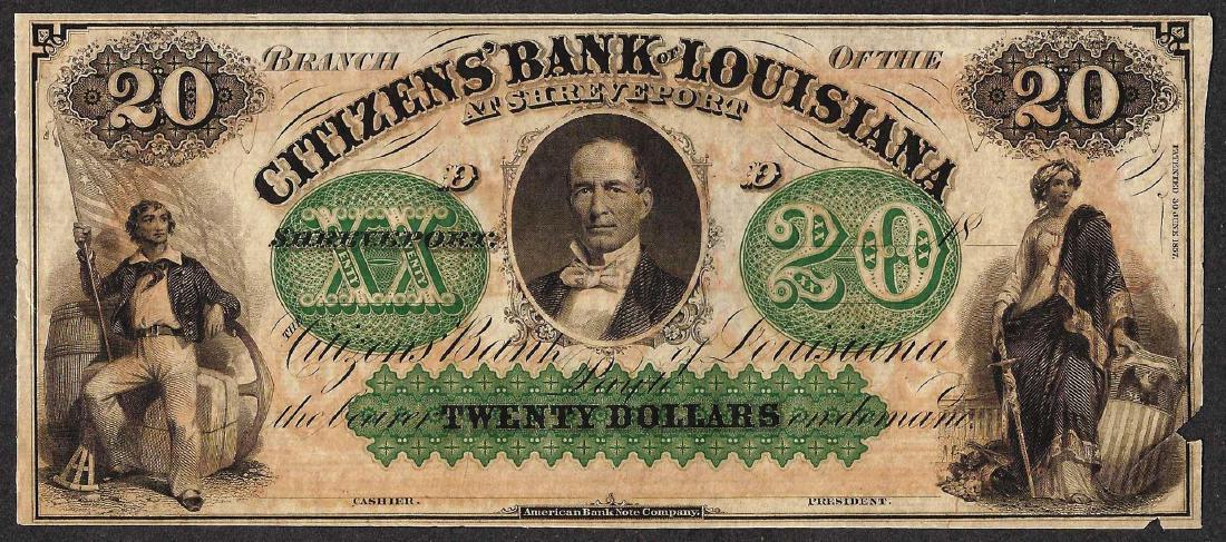 1800's $20 Citizens Bank of Louisiana Obsolete Note: One 1800's $20 Citizens Bank of Louisiana Obsolete Note.