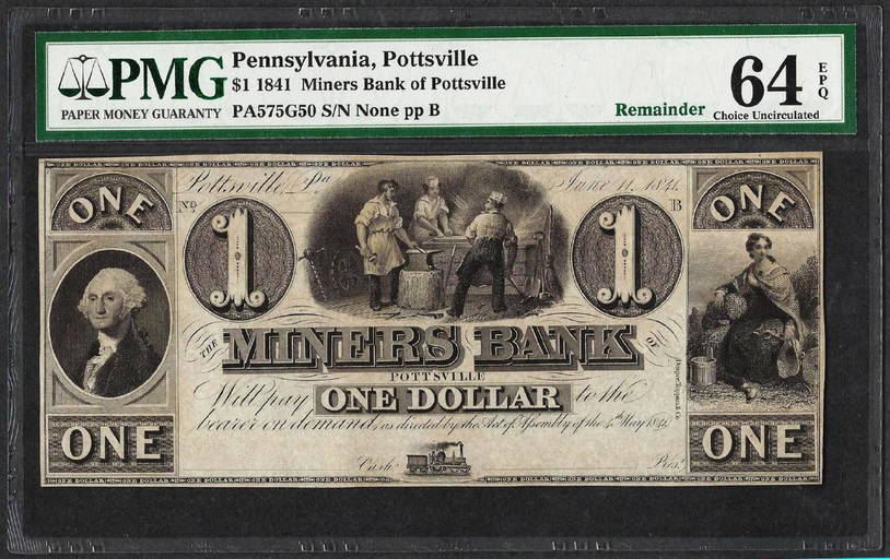 1841 1 Miners Bank Of Pottsville, Pa Obsolete Note Pmg