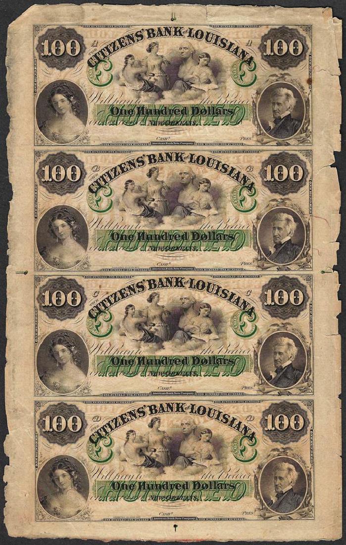 Uncut Sheet of 1800's $100 Citizens Bank of Louisiana: One Uncut Sheet of 1800's $100 Citizens Bank of Louisiana Obsolete Notes.