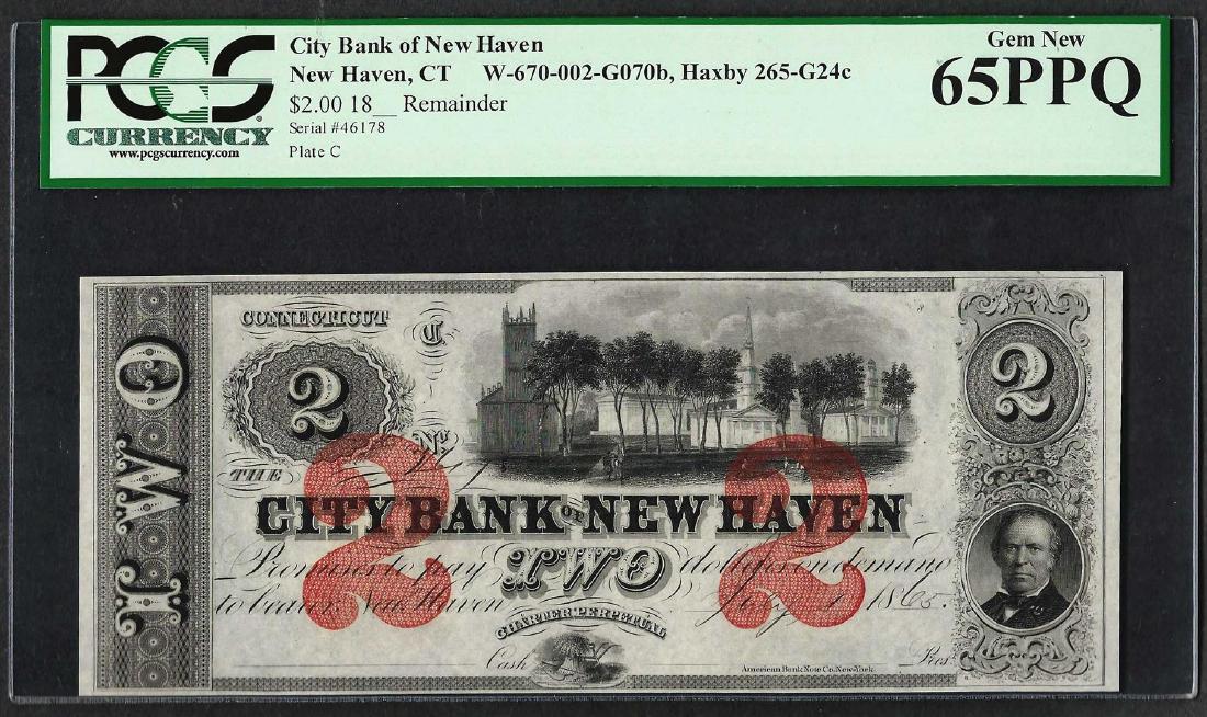 1865 $2 City Bank of New Haven Obsolete Note PCGS Gem: One 1865 $2 City Bank of New Haven Obsolete Note PCGS Gem New 65PPQ. PCGS Graded.