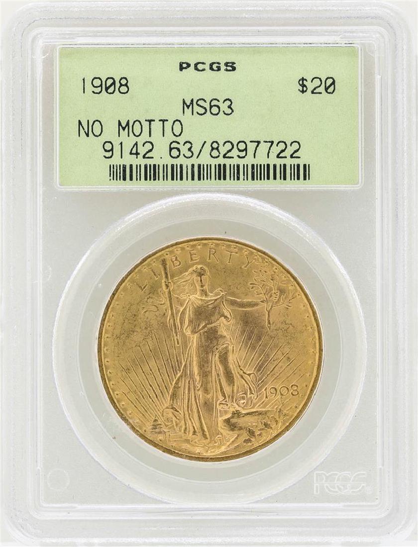 1908 No Motto $20 St. Gaudens Double Eagle Gold Coin: One 1908 No Motto $20 St. Gaudens Double Eagle Gold Coin PCGS MS63. PCGS Graded.