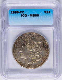 1889-CC $1 Morgan Silver Dollar Coin ICG MS60: One 1889-CC $1 Morgan Silver Dollar Coin ICG MS60. ICG Certified.