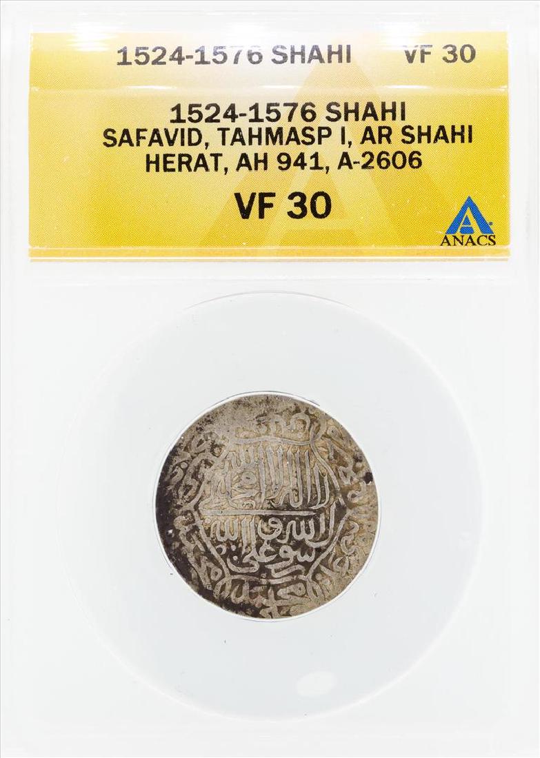 1524-1576 Shahi Safavid Tahmasp I AR Shahi Herat Coin: One 1524-1576 Shahi Safavid Tahmasp I AR Shahi Herat Coin ANACS VF30. ANACS Certified.