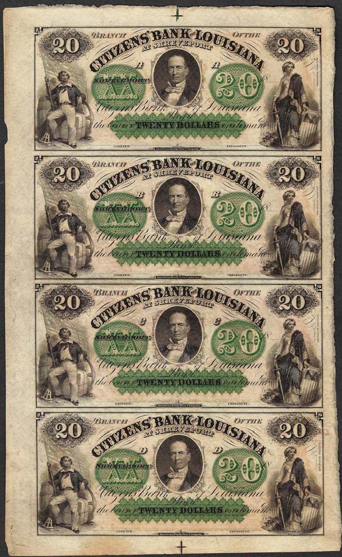 Uncut Sheet of 1800's $20 Citizens Bank of Louisiana: One Uncut Sheet of 1800's $20 Citizens Bank of Louisiana Obsolete Notes.
