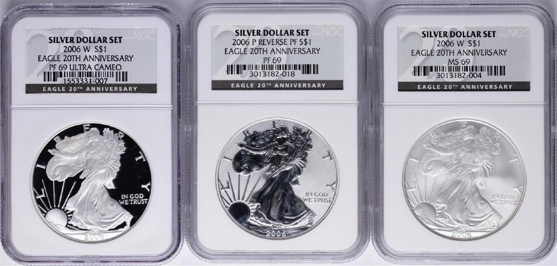 2006 W 20th Anniversary Silver American Eagle Dollar: One 2006 W 20th Anniversary Silver American Eagle Dollar Set NGC MS69/PF69/PF69. NGC Certified.