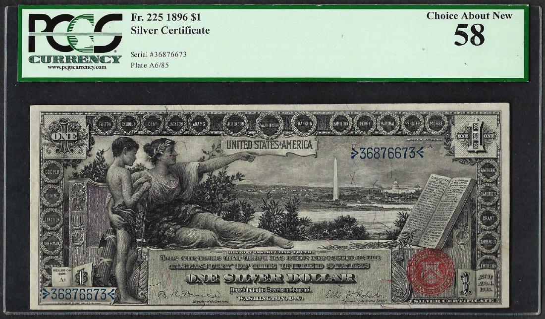 1896 $1 Educational Silver Certificate Note Fr.225 PCGS: One 1896 $1 Educational Silver Certificate Note Fr.225 PCGS Choice About New 58. PCGS Graded.