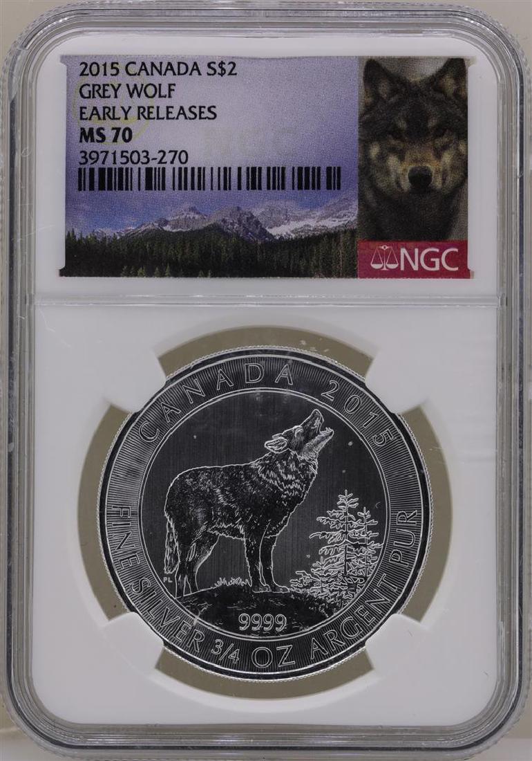 2015 $2 Canada Grey Wolf Silver Coin NGC MS70 Early: One 2015 $2 Canada Grey Wolf Silver Coin NGC MS70 Early Releases. NGC Certified.