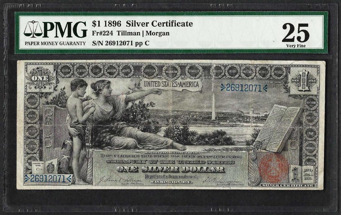 1896 $1 Educational Silver Certificate Note Fr.224 PMG: One 1896 $1 Educational Silver Certificate Note Fr.224 PMG Very Fine 25. PMG Certified.