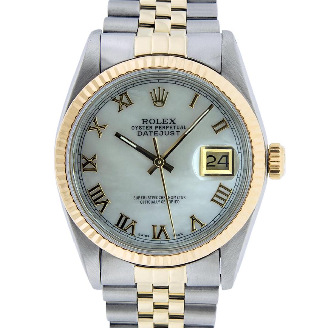 Rolex Men's Two Tone 14K Mother Of Pearl Roman Datejust: One Mens 14K Yellow Gold Two Tone Rolex Datejust Polished, Serviced & Electronically Tested, 14K Yellow Gold & Stainless Steel Case: 36mm,14K Yellow Gold Crown, Bezel: 14K Yellow Gold Fluted Bezel. Cu
