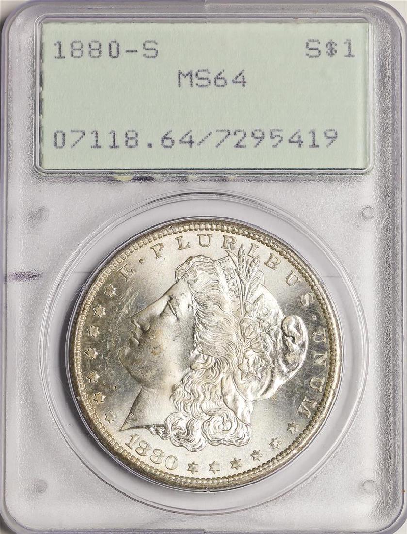 1880-S $1 Morgan Silver Dollar Coin PCGS MS64 Old Green: One 1880-S $1 Morgan Silver Dollar Coin PCGS MS64 Old Green Holder. PCGS Graded.