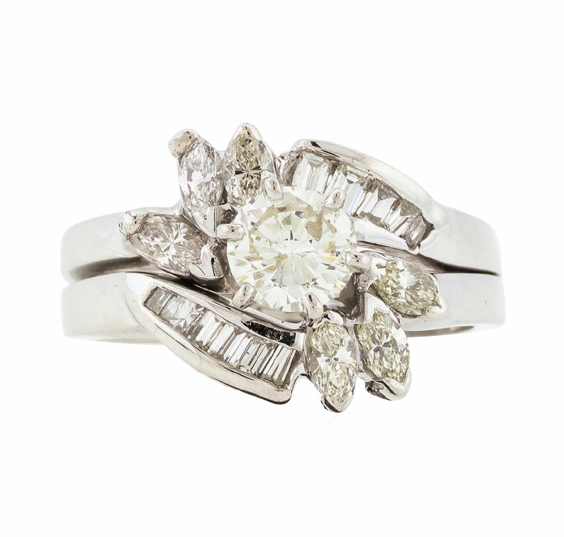 14KT White Gold 1.20 ctw Diamond Ring: One set electronically tested 14KT white gold lady's combination cast & assembled wedding ring soldered to wedding band with a split bypass shank with a bright polish finish. The featured lady's ring