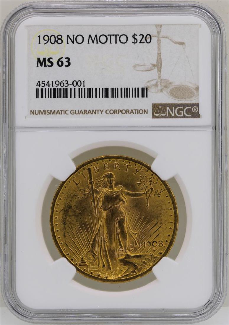 1908 No Motto $20 St. Gaudens Double Eagle Gold Coin: One 1908 No Motto $20 St. Gaudens Double Eagle Gold Coin NGC MS63. NGC Certified.