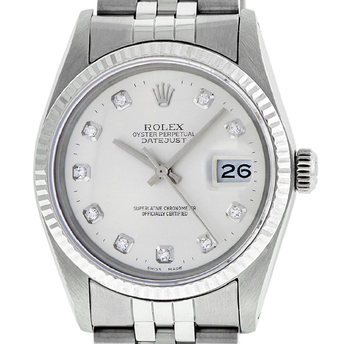 Rolex Men's Stainless Silver Diamond 36MM Datejust: One Men's Stainless Steel Rolex Datejust Polished Bright with Satin Finish, This Watch Has Been Serviced & Electronically Tested, Stainless Steel Case: 36mm, Stainless Steel Crown, Bezel: 14K White Go
