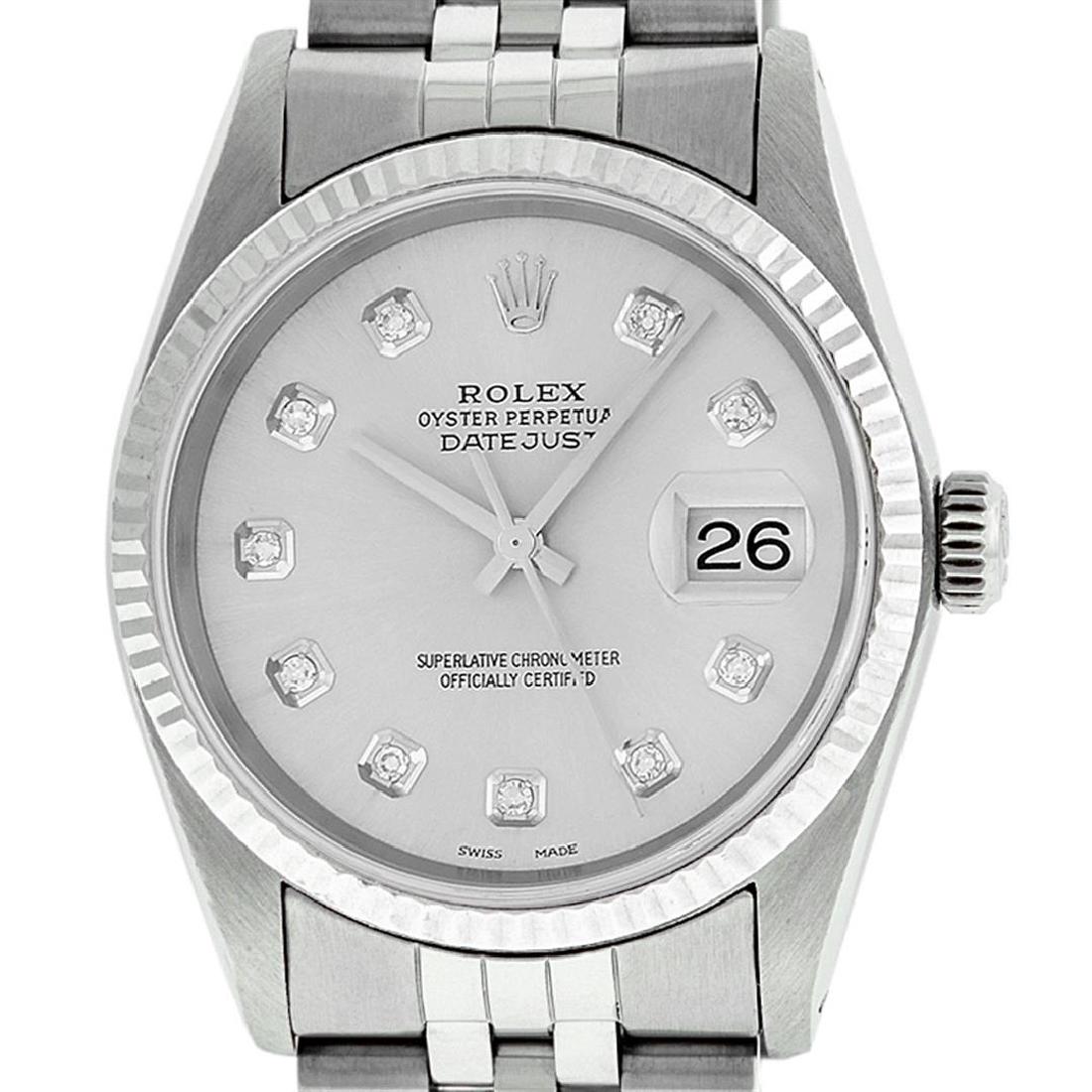 Rolex Men's Stainless Steel Silver Diamond Datejust: One Mens Rolex Datejust Polished Bright with Satin Finish, Serviced & Electronically Tested, Stainless Steel Case: 36mm, Stainless Steel Crown, Bezel: 14K White Gold Fluted Bezel. Custom Crystal: New
