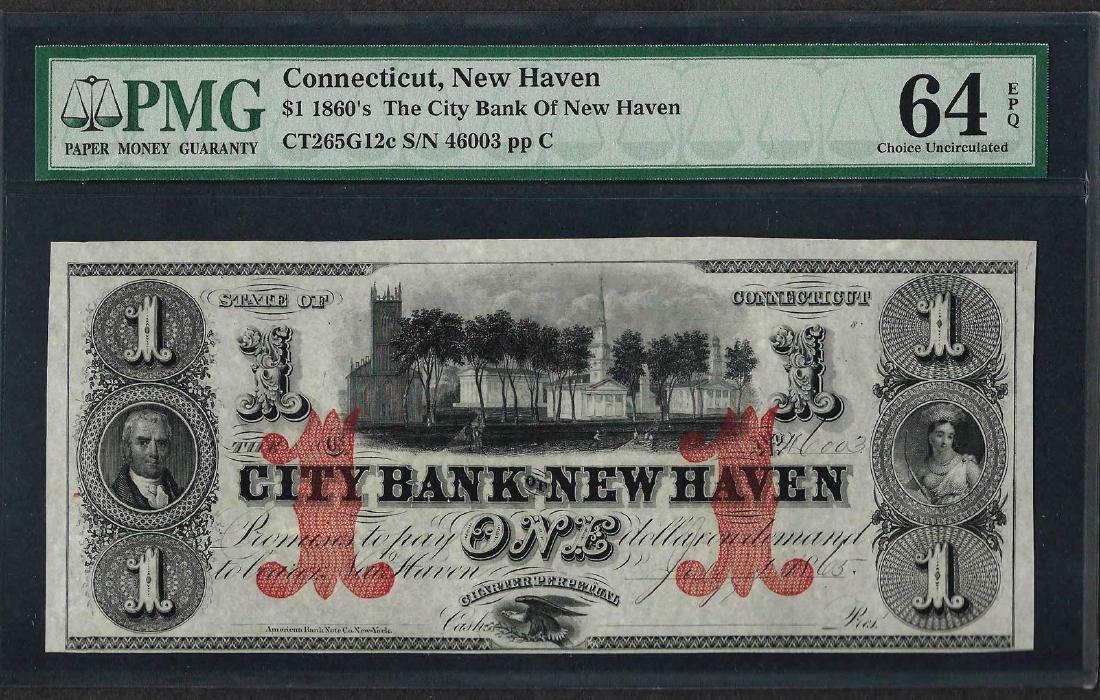 1860's $1 The City Bank of New Haven Obsolete Note PMG: One 1860's $1 The City Bank of New Haven Obsolete Note PMG Choice Uncirculated 64EPQ. PMG Certified.